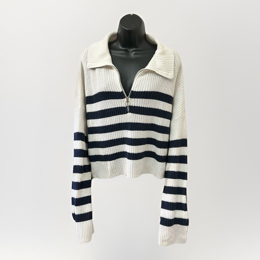 Jessica Simpson Womens XL Striped Half Zip Collared Knit Sweater Navy Cream